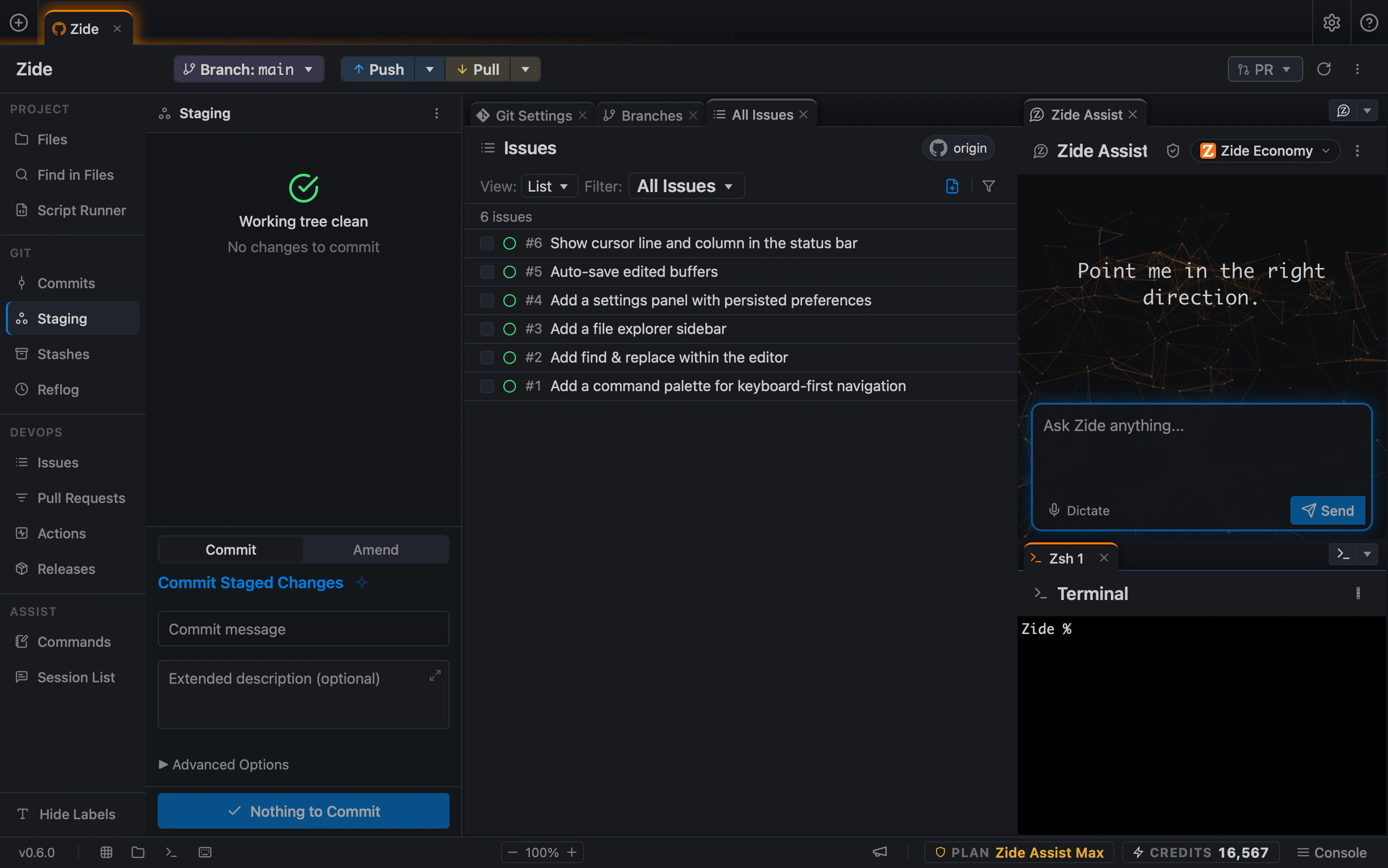 Zide Assist open beside the work it acts on: a GitHub issues list, Git staging, and a terminal session in the same window