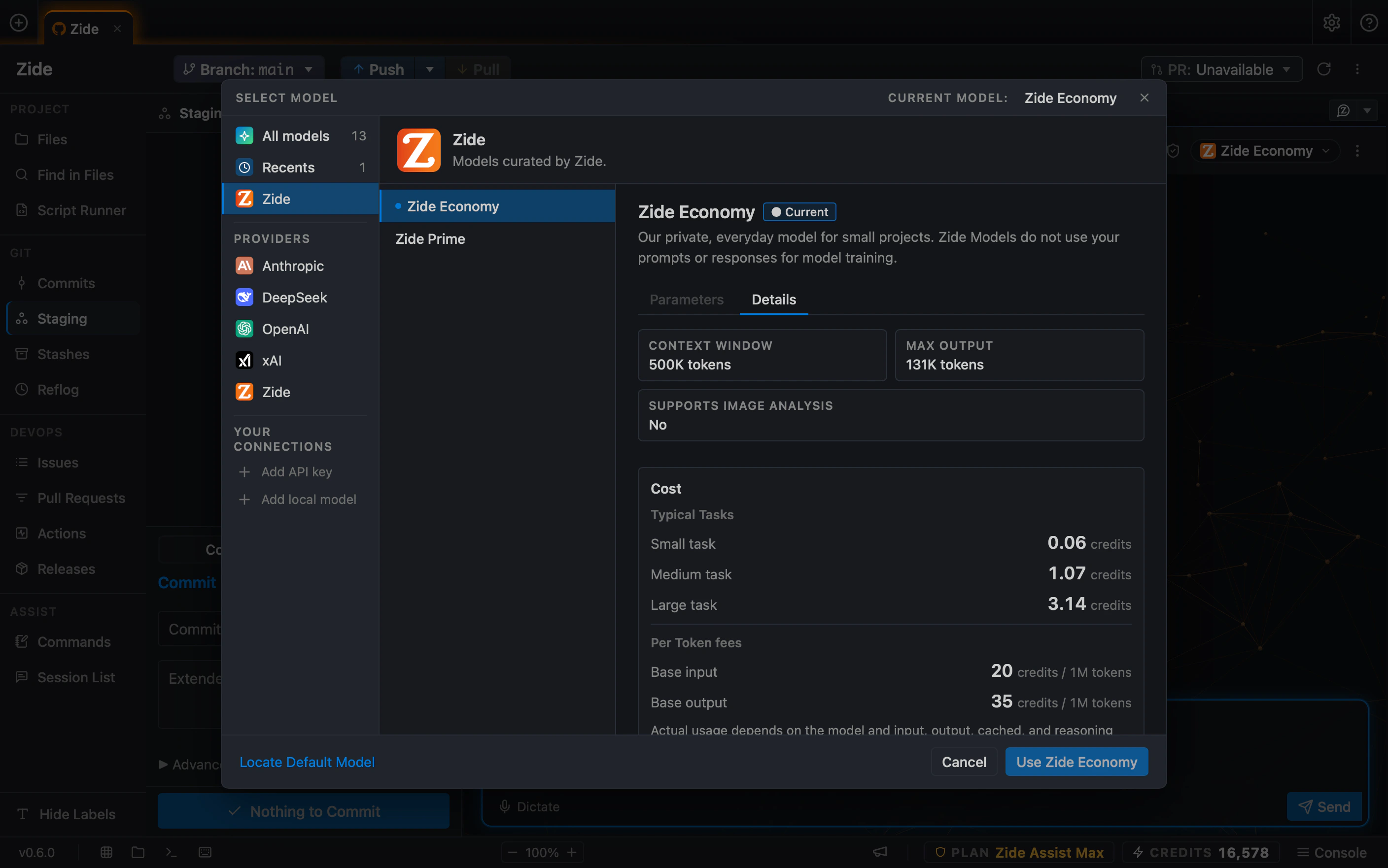 Zide Assist's model picker: providers grouped in a sidebar, with the selected model's context window, maximum output, and credit cost